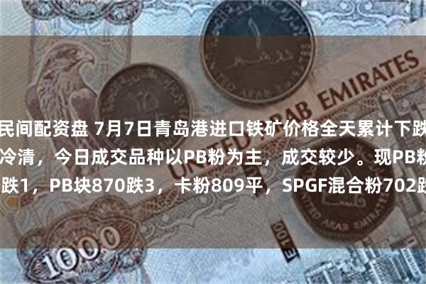 民间配资盘 7月7日青岛港进口铁矿价格全天累计下跌1-3。市场交投情绪较为冷清，今日成交品种以PB粉为主，成交较少。现PB粉722跌3，超特粉609跌1，PB块870跌3，卡粉809平，SPGF混合粉702跌3。（对比前一工作日晚间价格；单位：元/湿吨 )